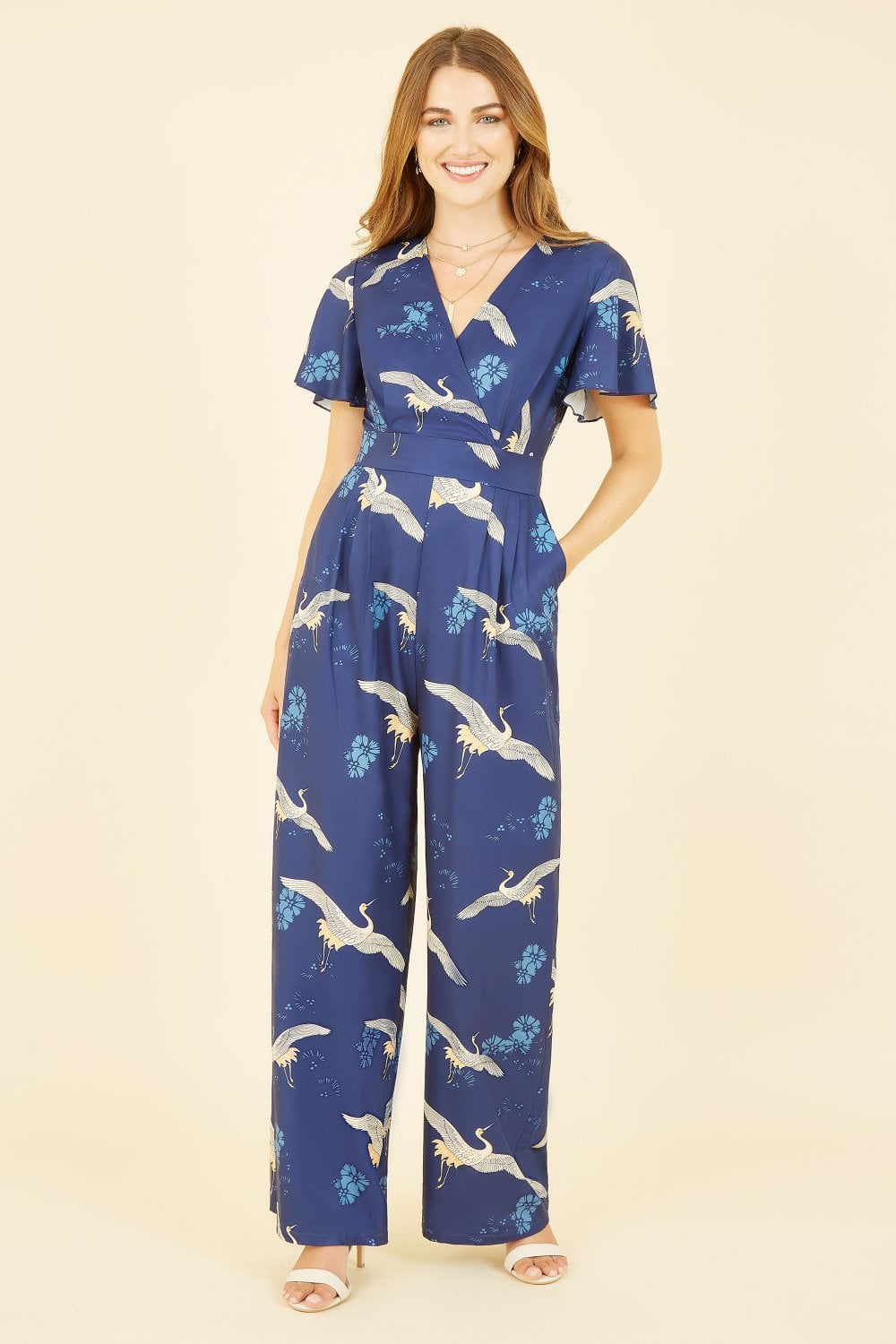 Yumi Navy Crane Print Angel Sleeve Jumpsuit Yumi