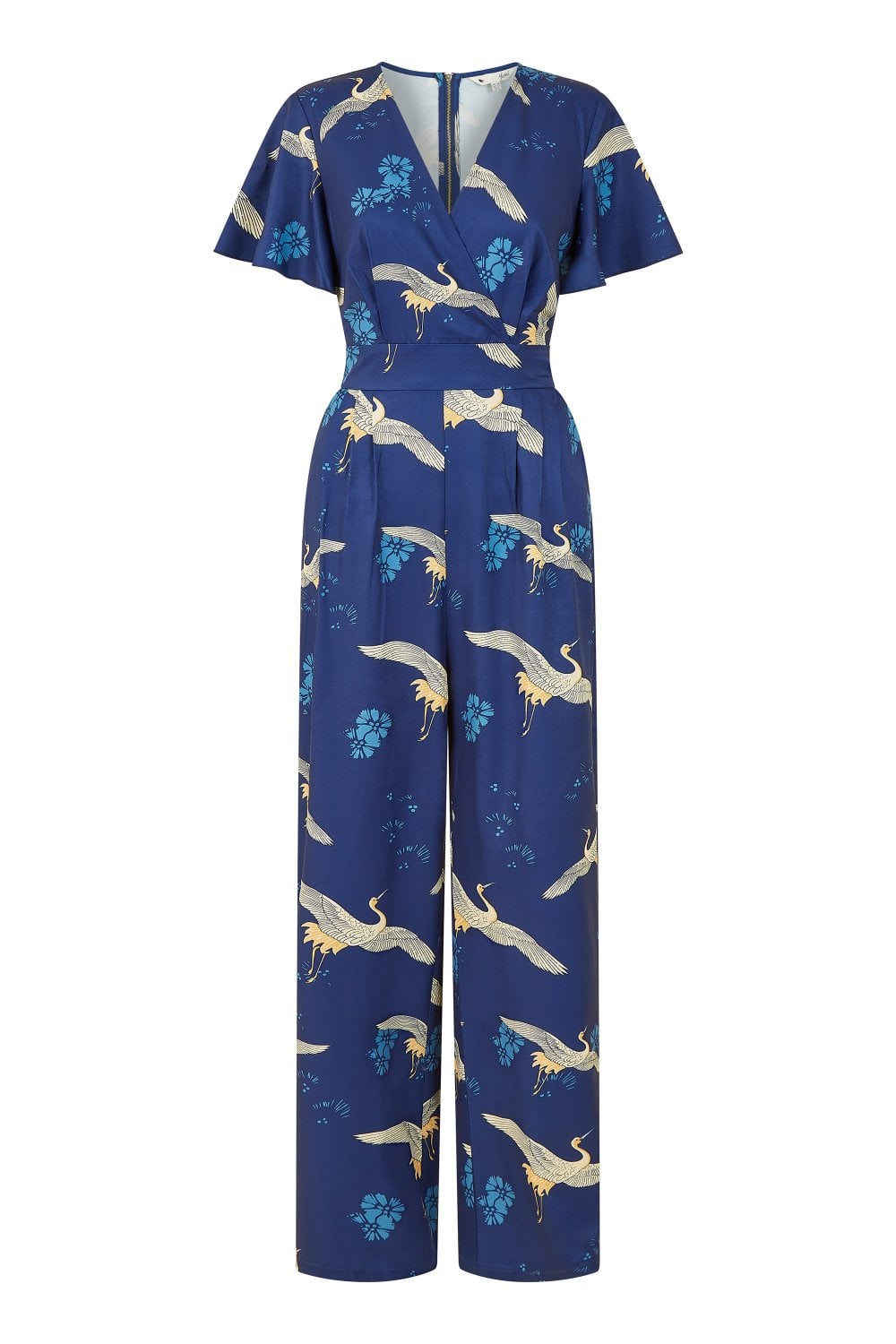 Yumi Navy Crane Print Angel Sleeve Jumpsuit Yumi