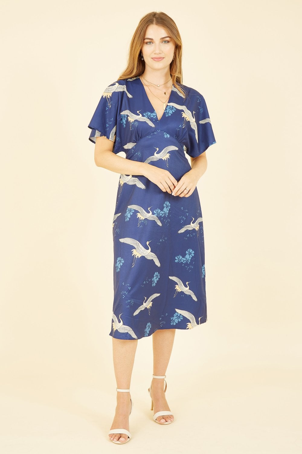 Yumi Navy Crane Print Kimono Midi Dress Yumi