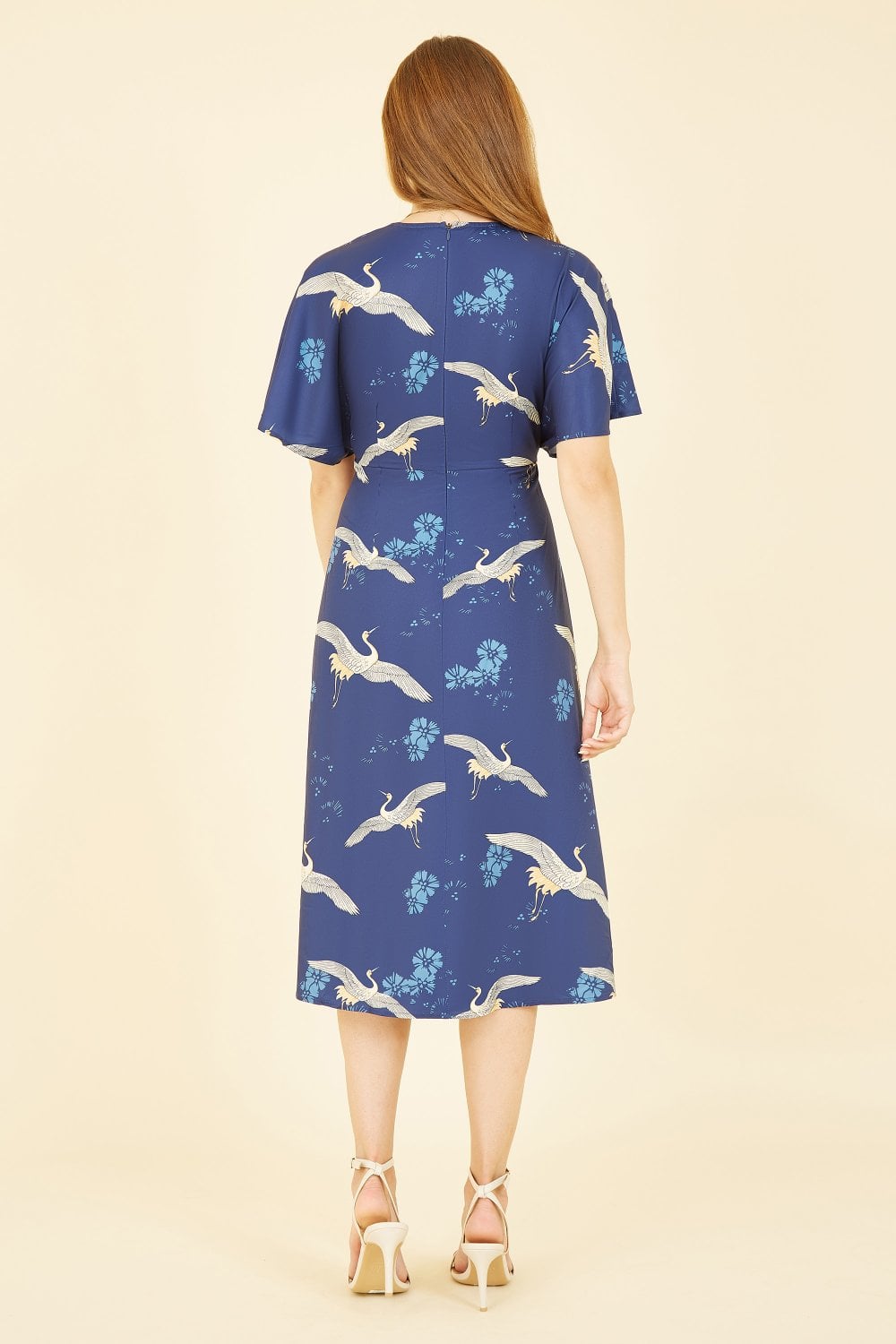 Yumi Navy Crane Print Kimono Midi Dress Yumi