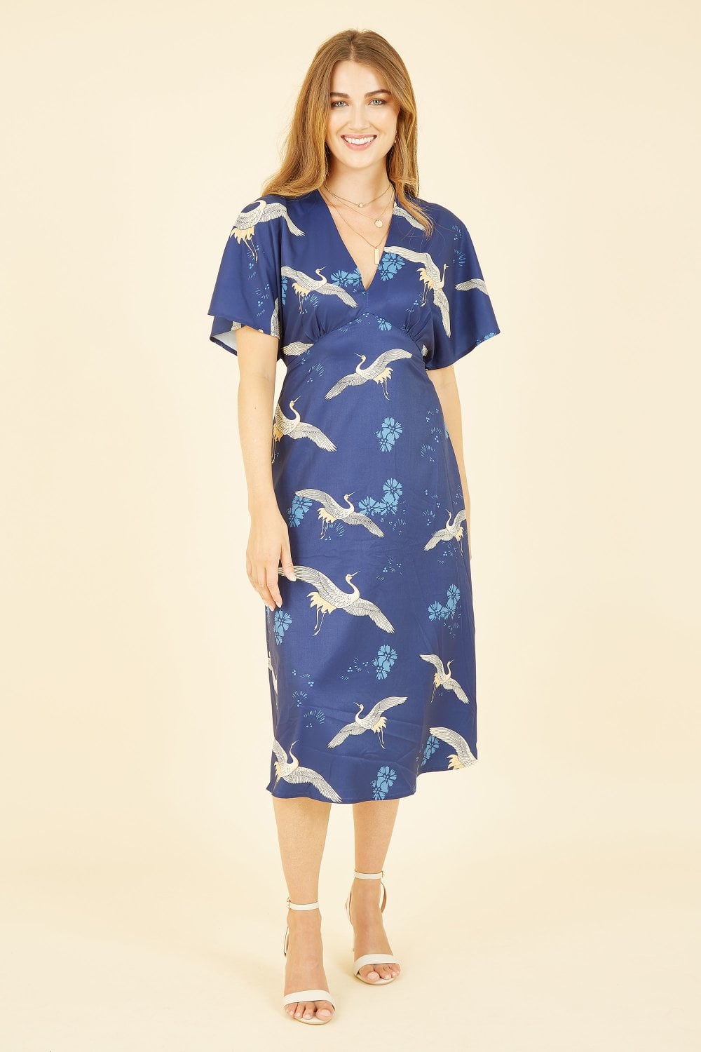 Yumi Navy Crane Print Kimono Midi Dress Yumi