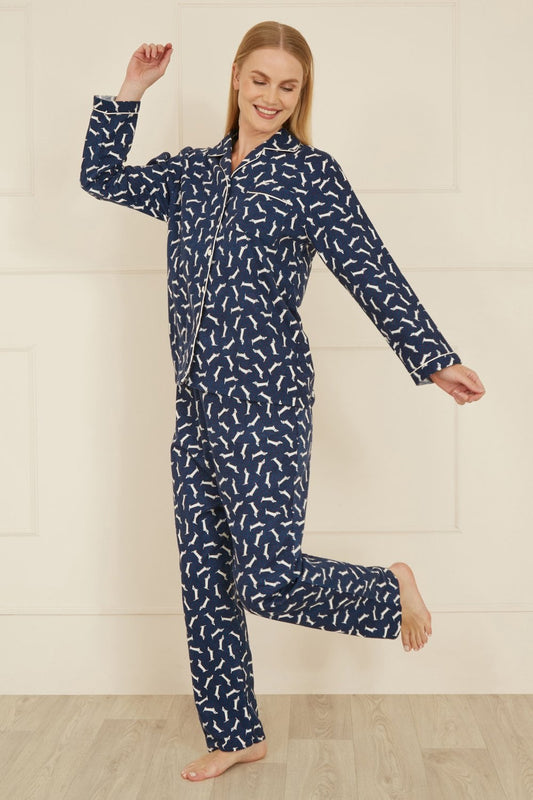 Yumi Navy Dachshund Brushed Cotton Pyjamas Yumi