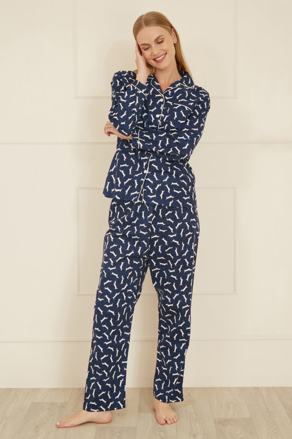 Yumi Navy Dachshund Brushed Cotton Pyjamas Yumi