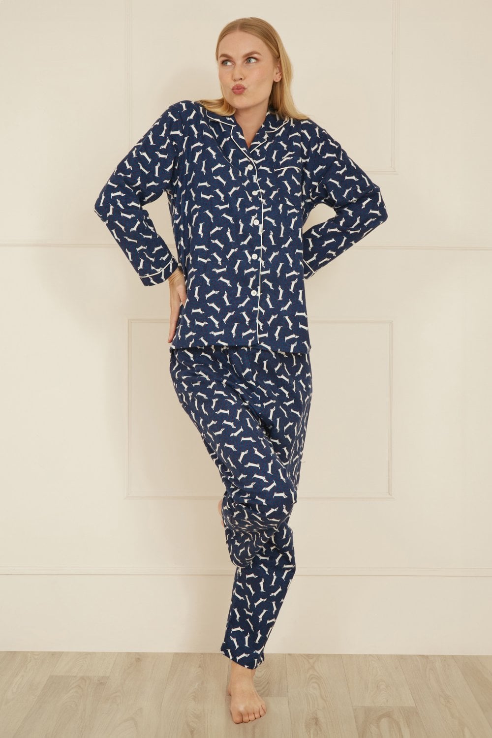 Yumi Navy Dachshund Brushed Cotton Pyjamas Yumi