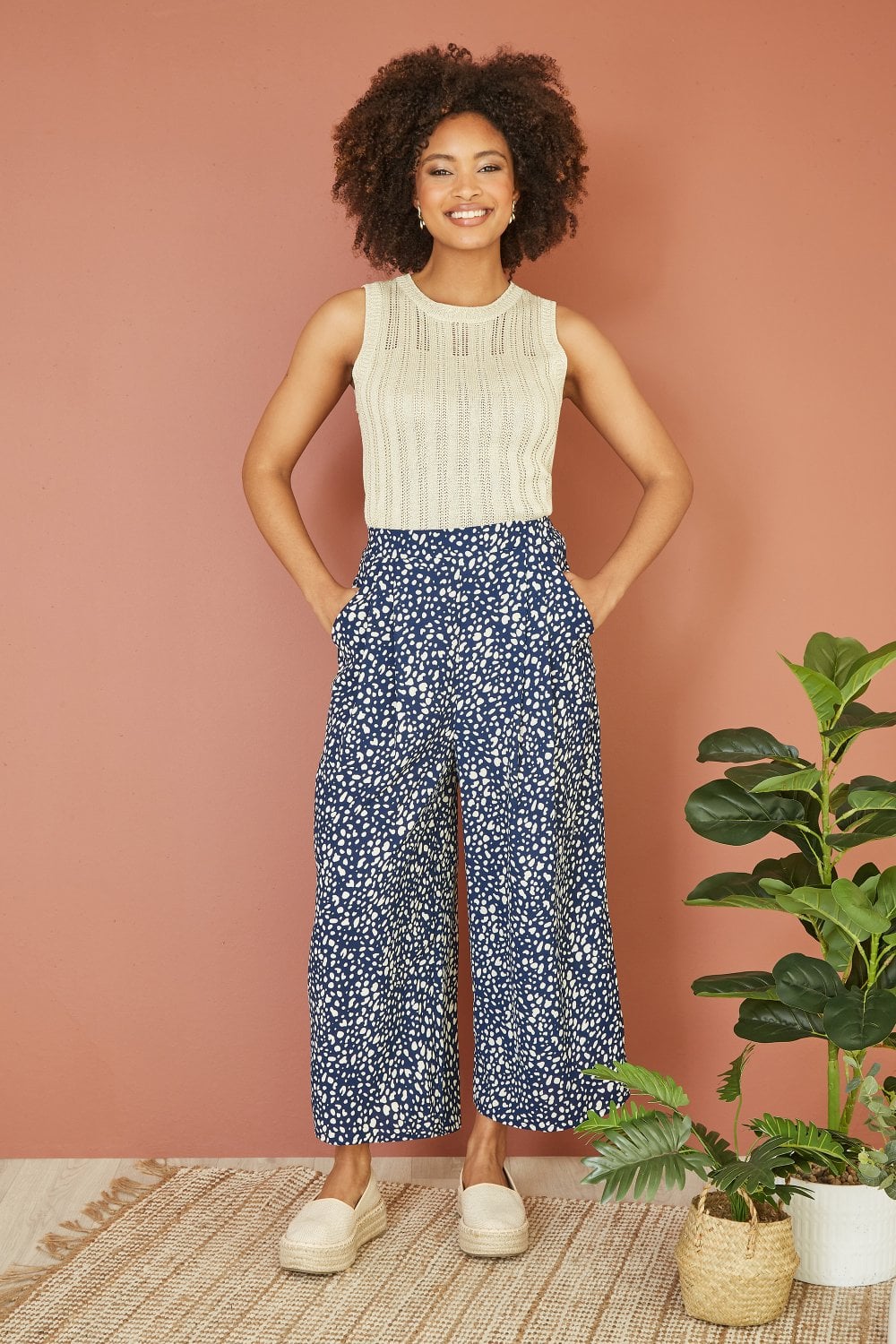 Yumi Navy Dash Print Culotte Trousers Yumi