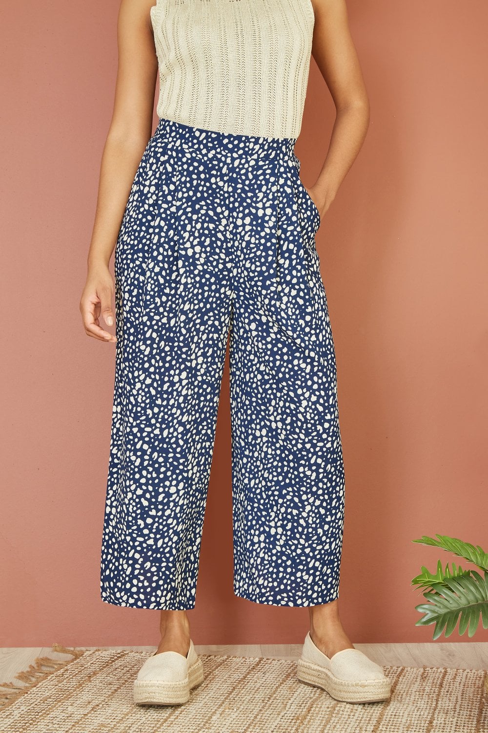 Yumi Navy Dash Print Culotte Trousers Yumi