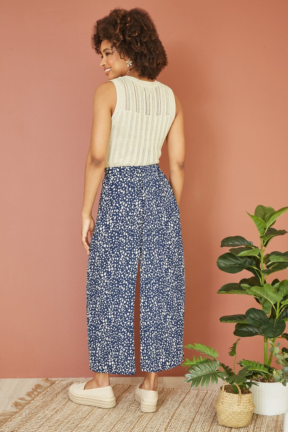 Yumi Navy Dash Print Culotte Trousers Yumi