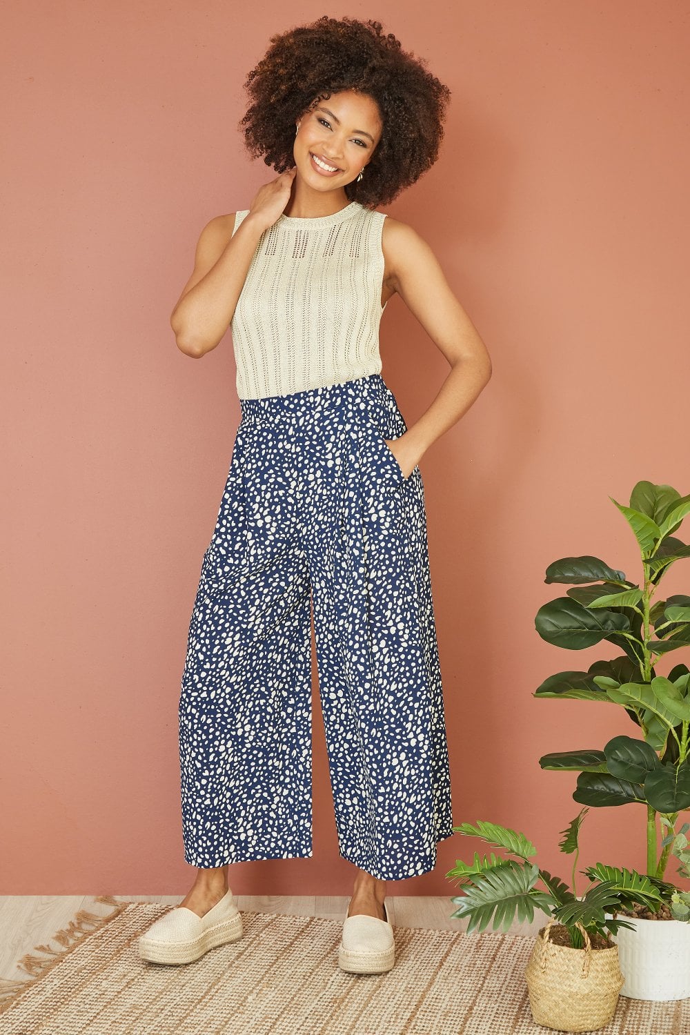 Yumi Navy Dash Print Culotte Trousers Yumi