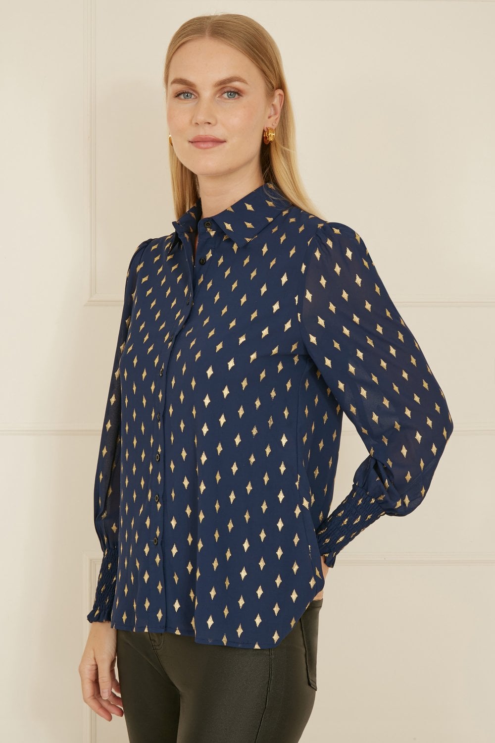 Yumi Navy Diamond Foil Print Top With Ruched Cuff Yumi