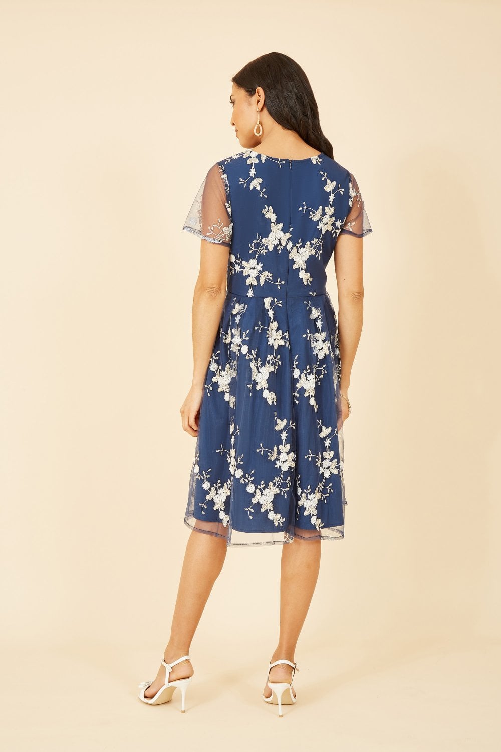 Yumi Navy Embroidered Floral Skater Dress Yumi