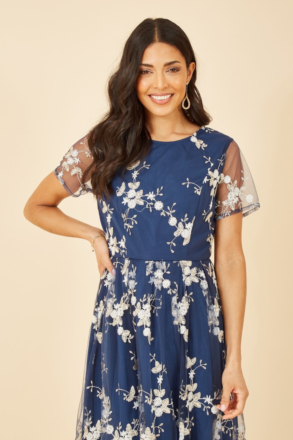 Yumi Navy Embroidered Floral Skater Dress Yumi