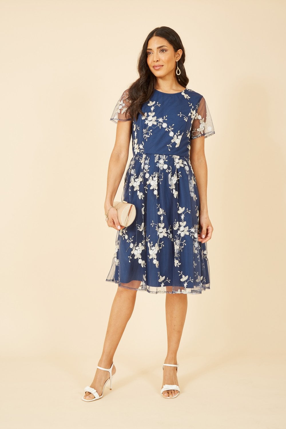 Yumi Navy Embroidered Floral Skater Dress Yumi