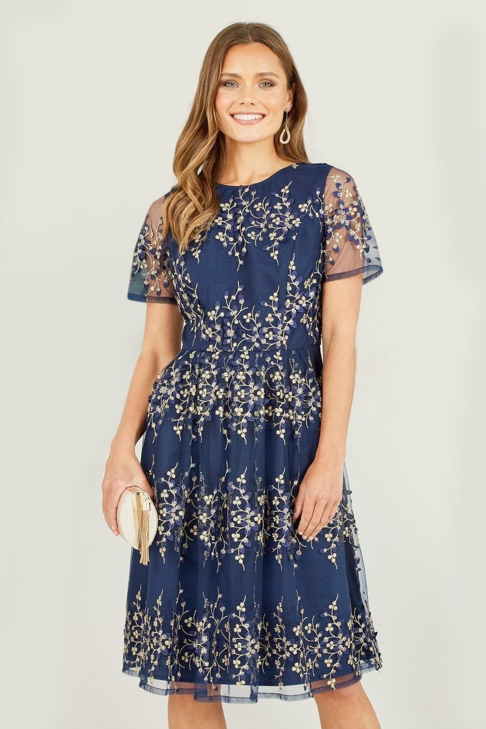 Yumi Navy Embroidered Mesh Prom Dress Yumi