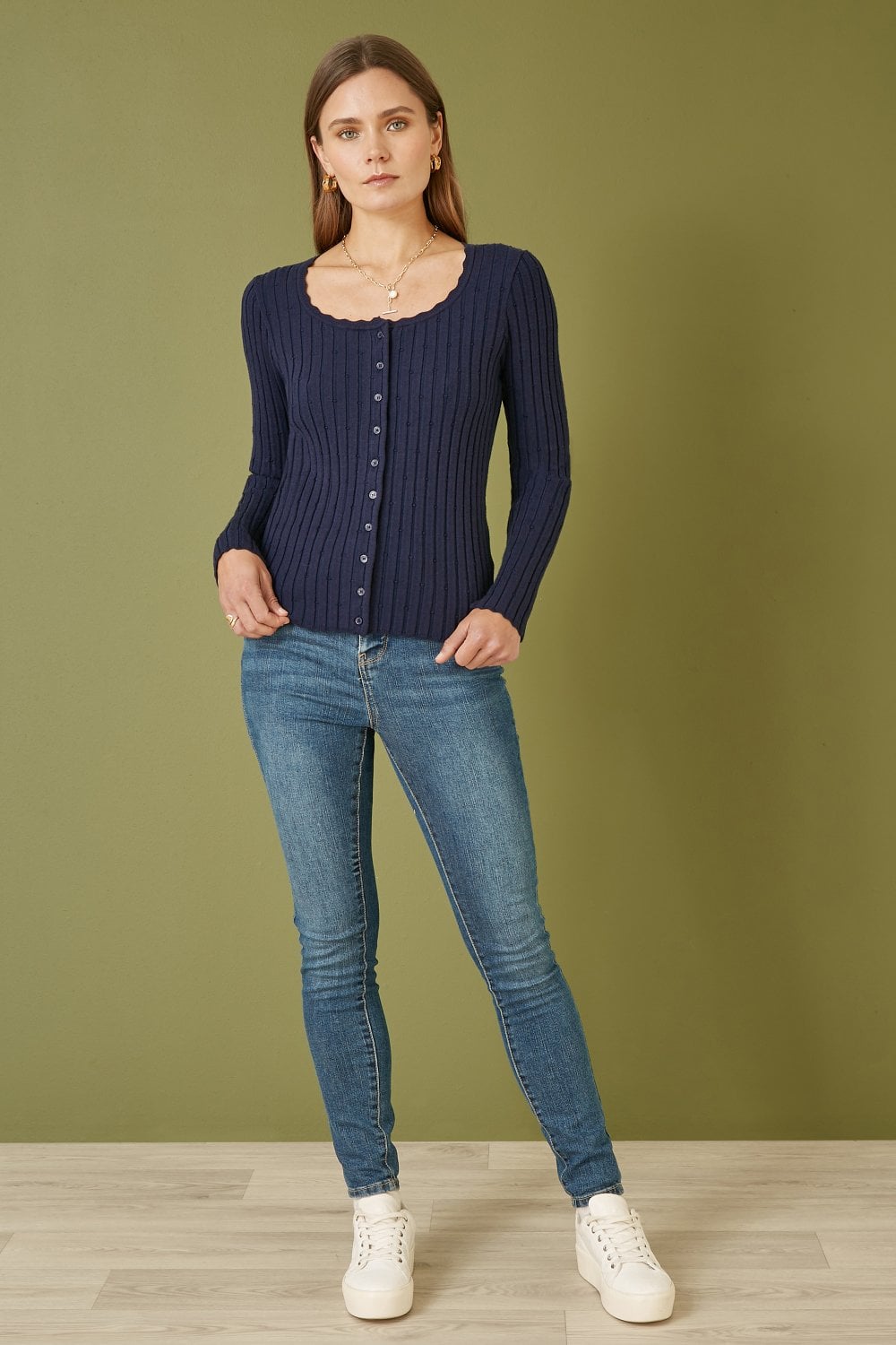 Yumi Navy Fitted Rib Button Up Cardigan Yumi