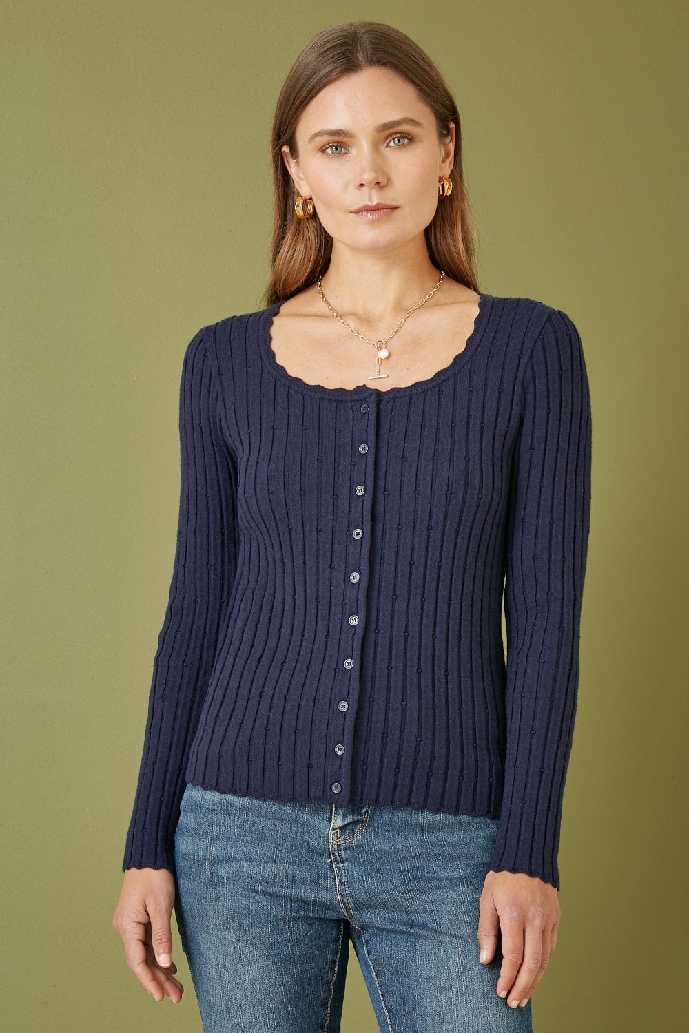 Yumi Navy Fitted Rib Button Up Cardigan Yumi