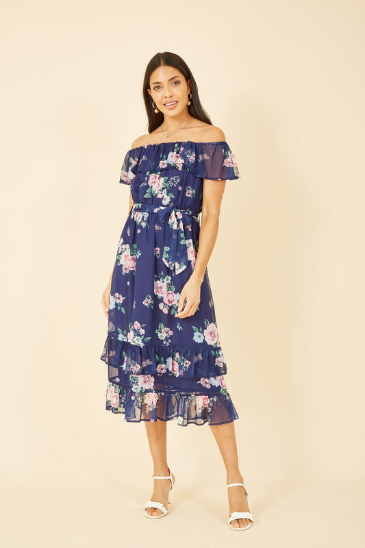 Yumi Navy Floral Bardot Midi Dress With Frill Hem Yumi