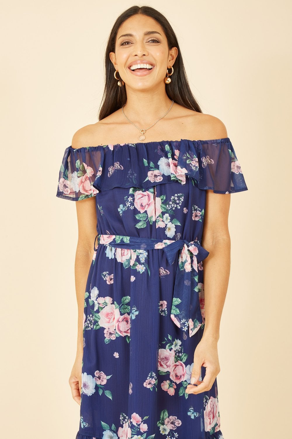 Yumi Navy Floral Bardot Midi Dress With Frill Hem Yumi