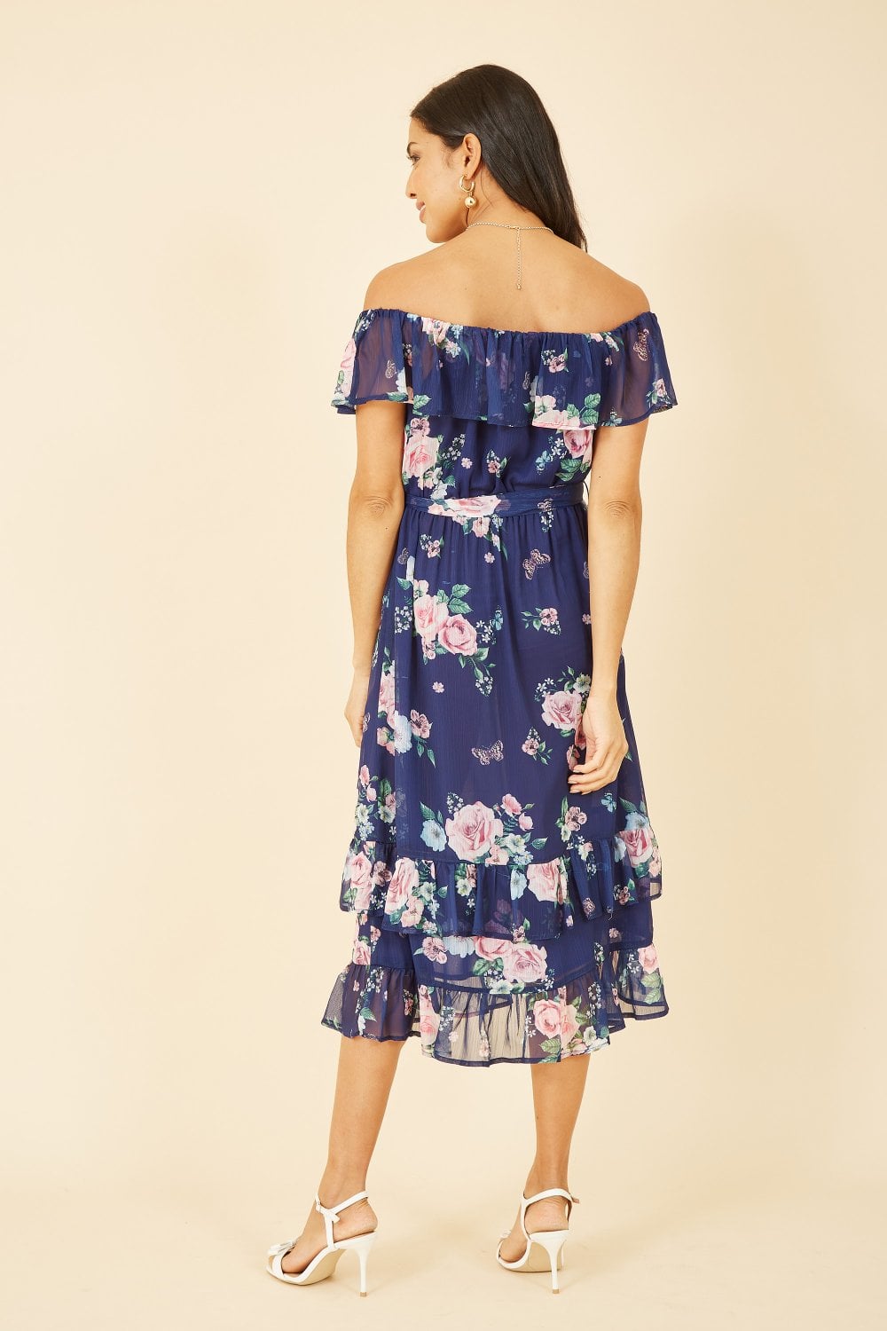 Yumi Navy Floral Bardot Midi Dress With Frill Hem Yumi