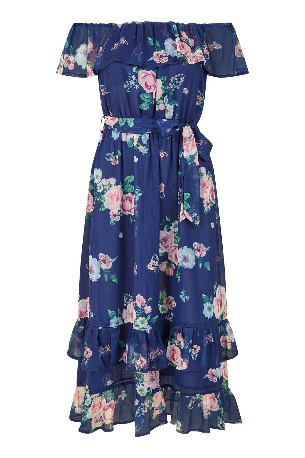 Yumi Navy Floral Bardot Midi Dress With Frill Hem Yumi