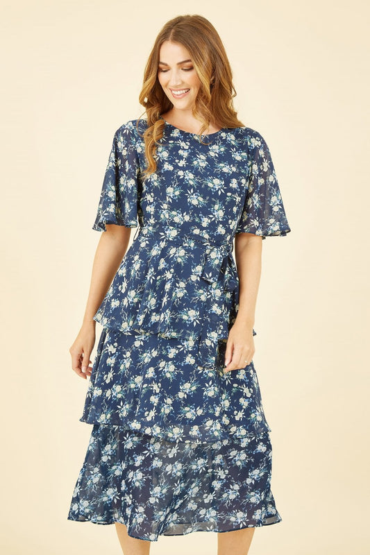 Yumi Navy Floral Frill Layer Midi Dress Yumi