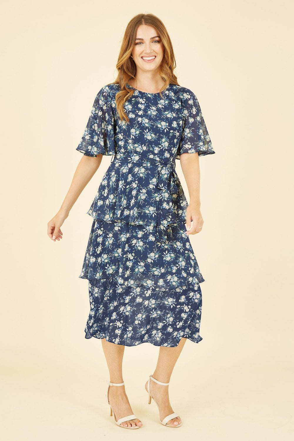 Yumi Navy Floral Frill Layer Midi Dress Yumi