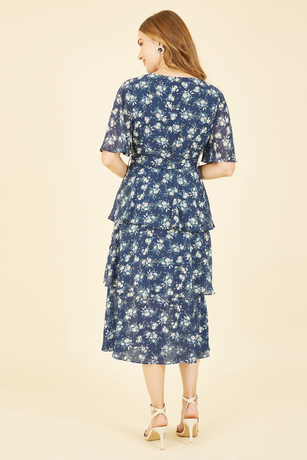 Yumi Navy Floral Frill Layer Midi Dress Yumi