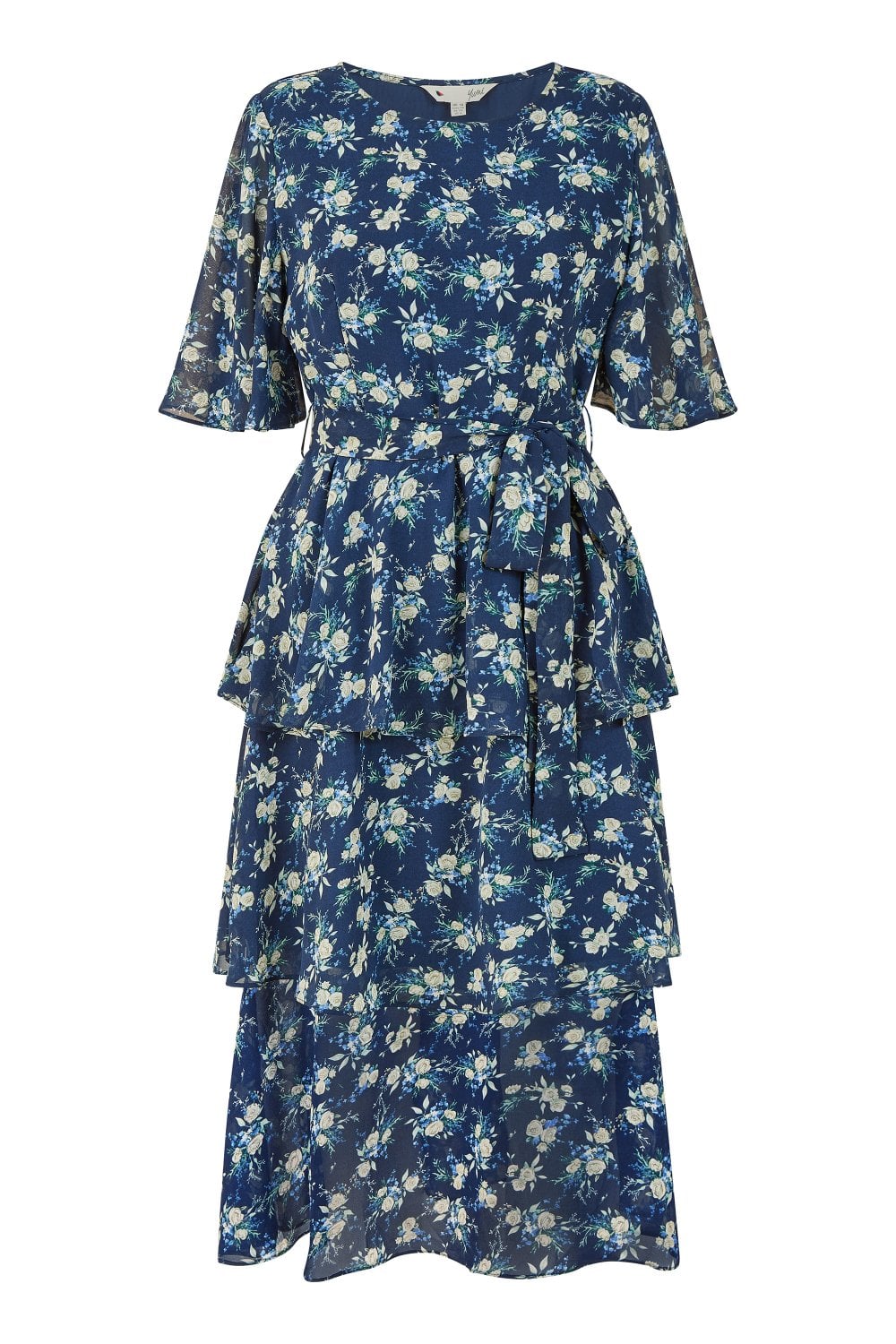 Yumi Navy Floral Frill Layer Midi Dress Yumi