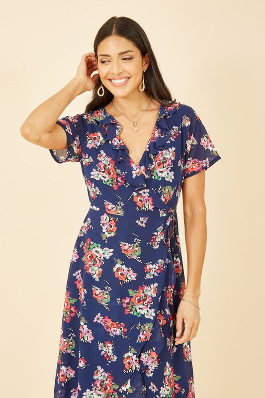 Yumi Navy Floral Frill Wrap Midi Dress Yumi