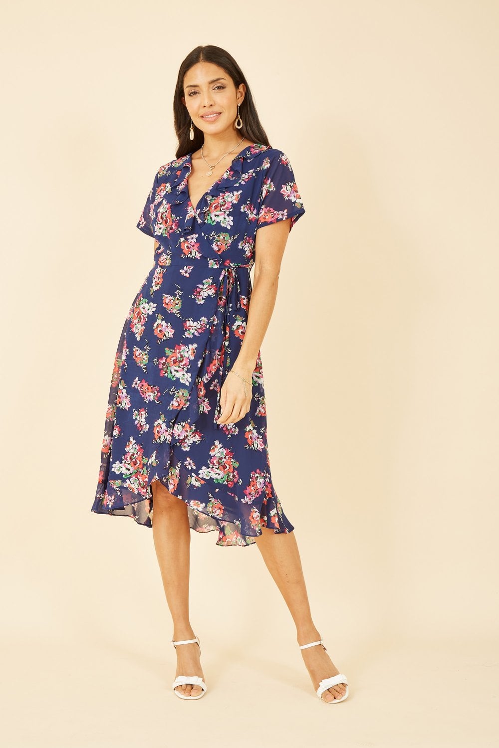 Yumi Navy Floral Frill Wrap Midi Dress Yumi