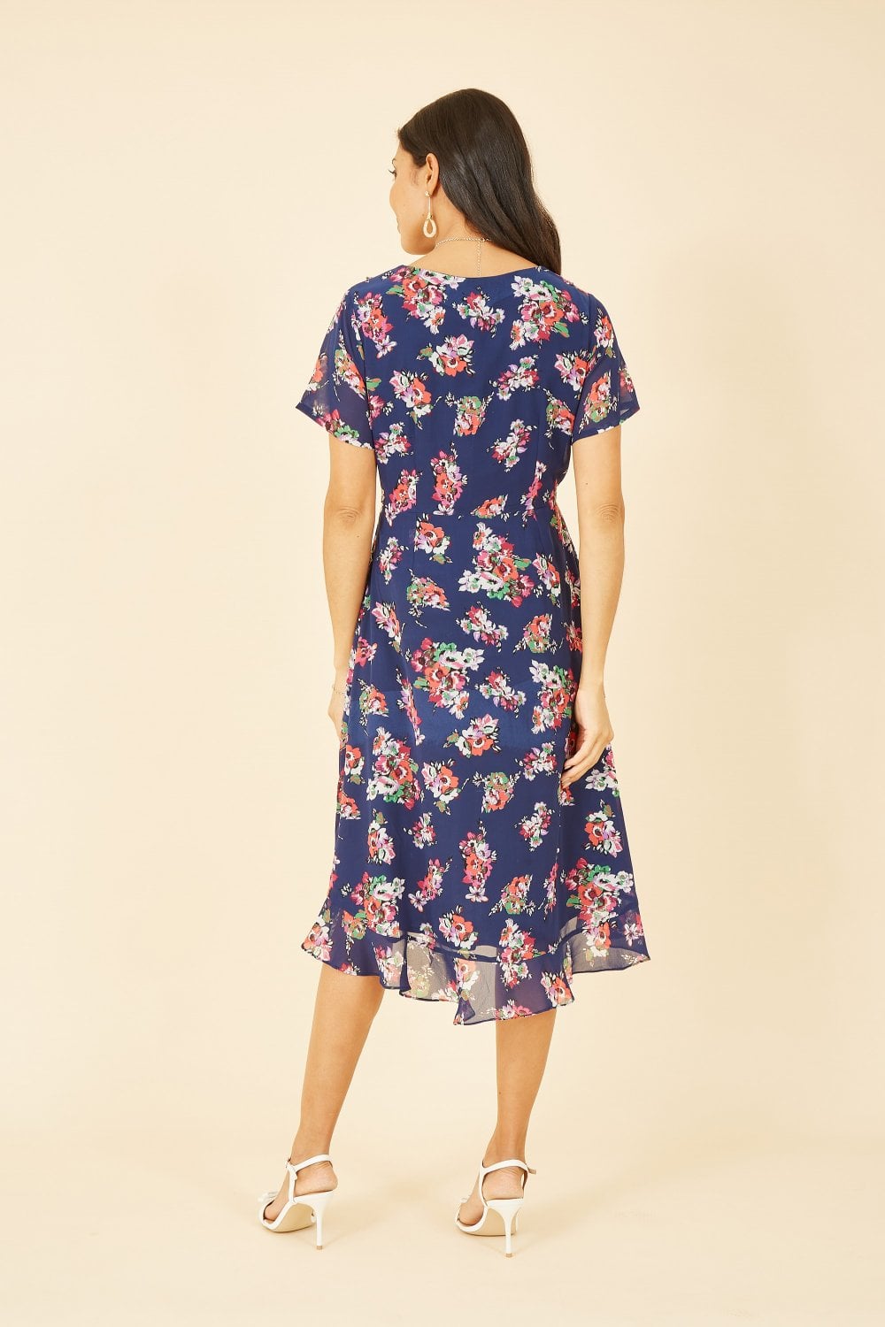 Yumi Navy Floral Frill Wrap Midi Dress Yumi