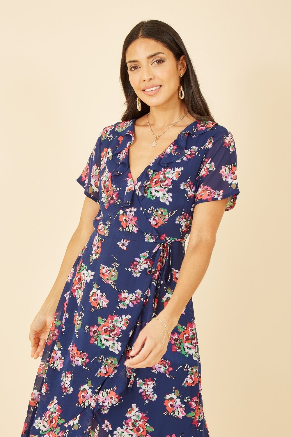 Yumi Navy Floral Frill Wrap Midi Dress Yumi