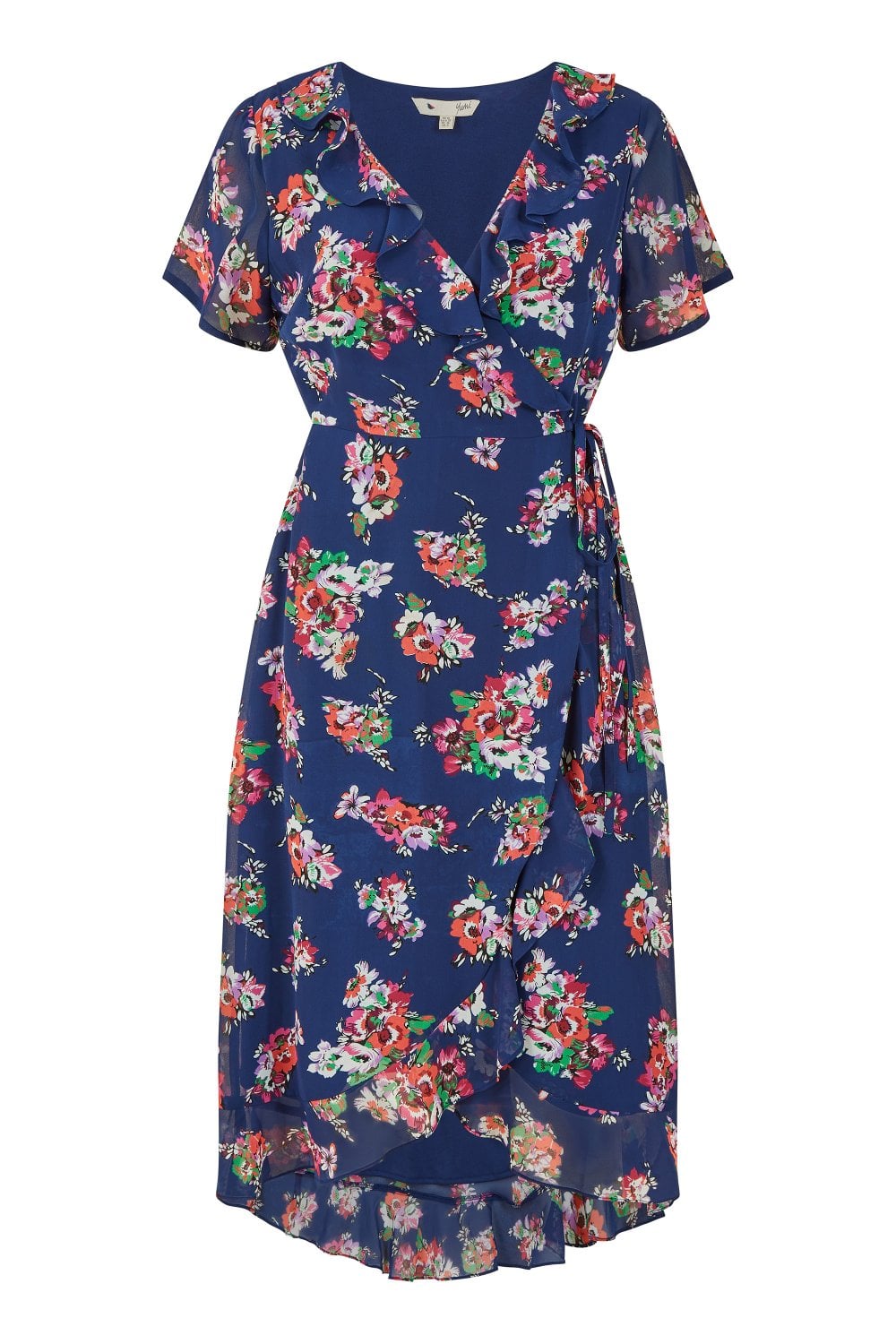 Yumi Navy Floral Frill Wrap Midi Dress Yumi