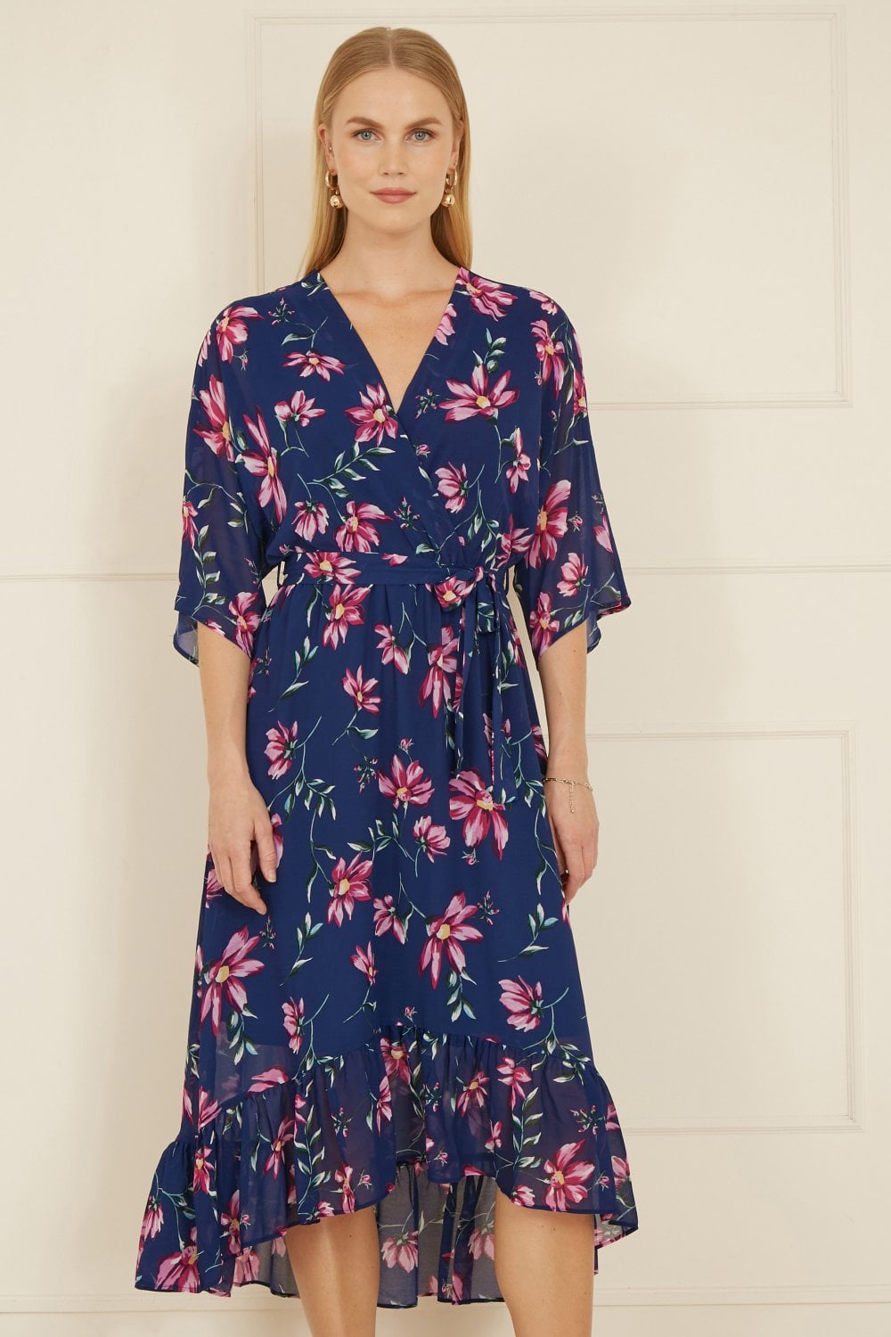 Yumi Navy Floral Kimono Dipped Hem Dress Yumi