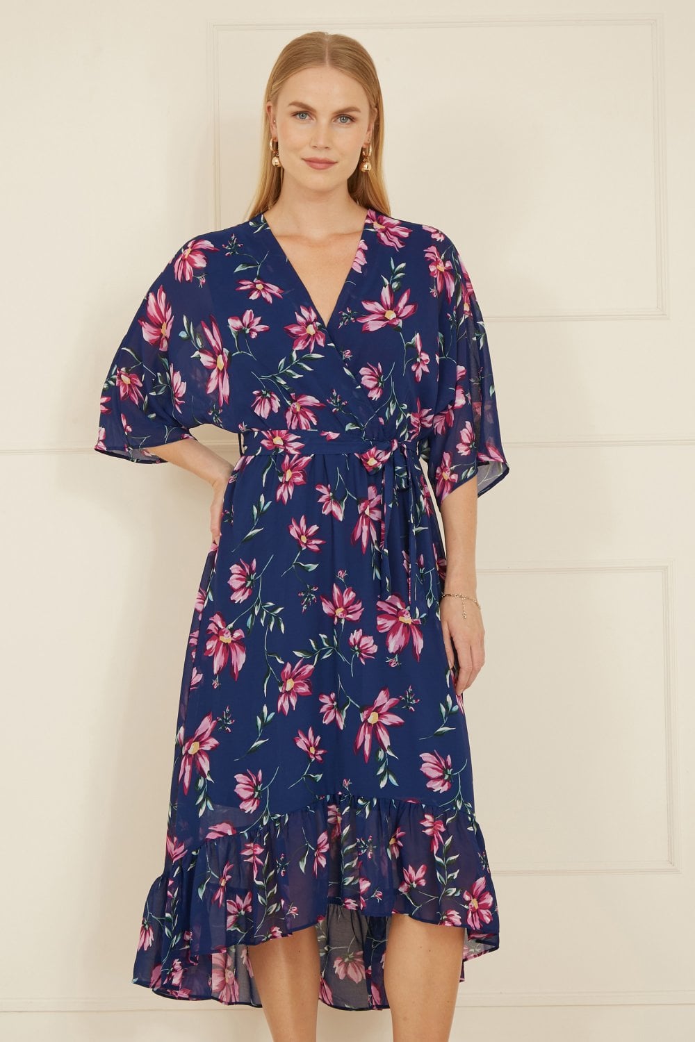 Yumi Navy Floral Kimono Dipped Hem Dress Yumi