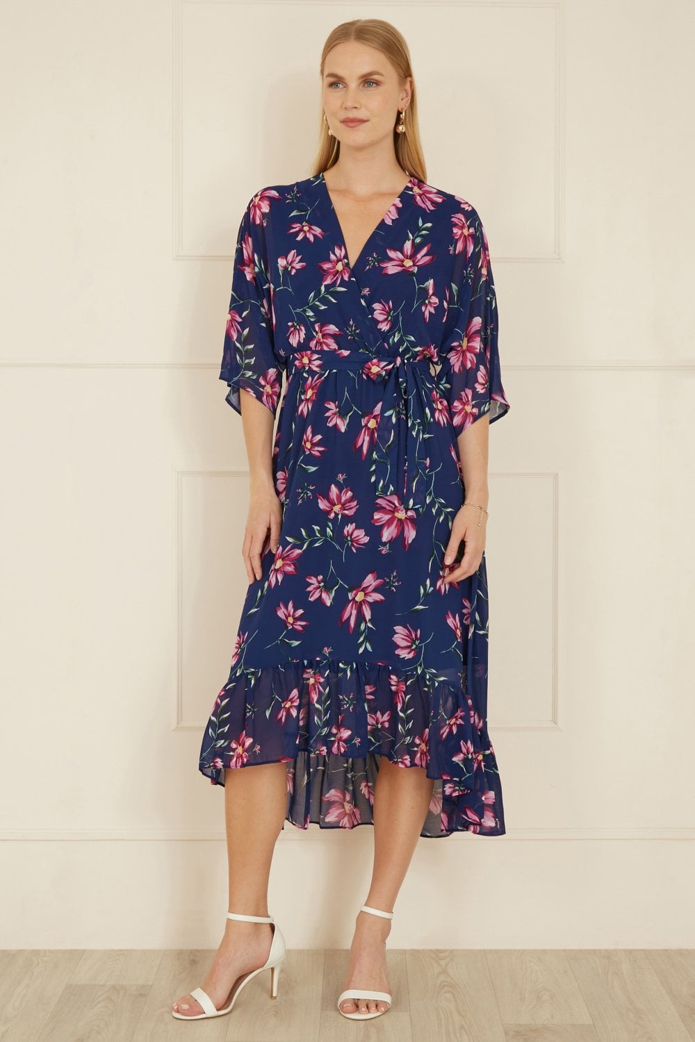 Yumi Navy Floral Kimono Dipped Hem Dress Yumi