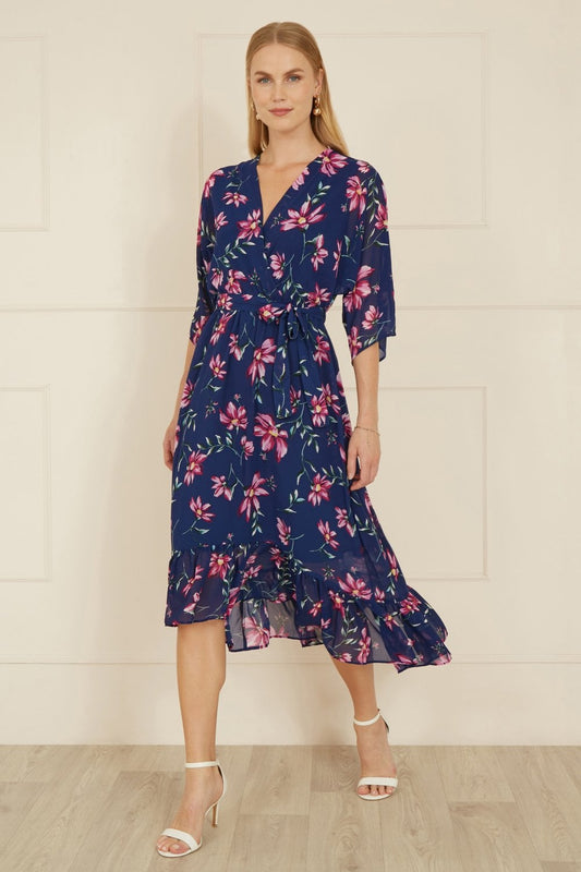 Yumi Navy Floral Kimono Dipped Hem Dress Yumi