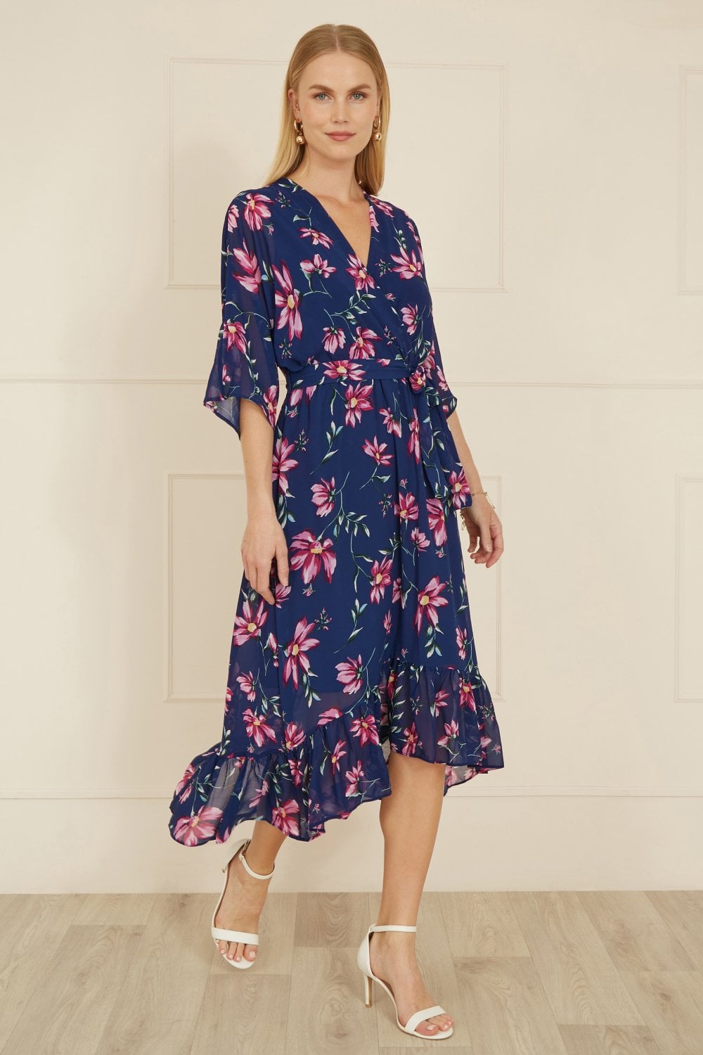 Yumi Navy Floral Kimono Dipped Hem Dress Yumi