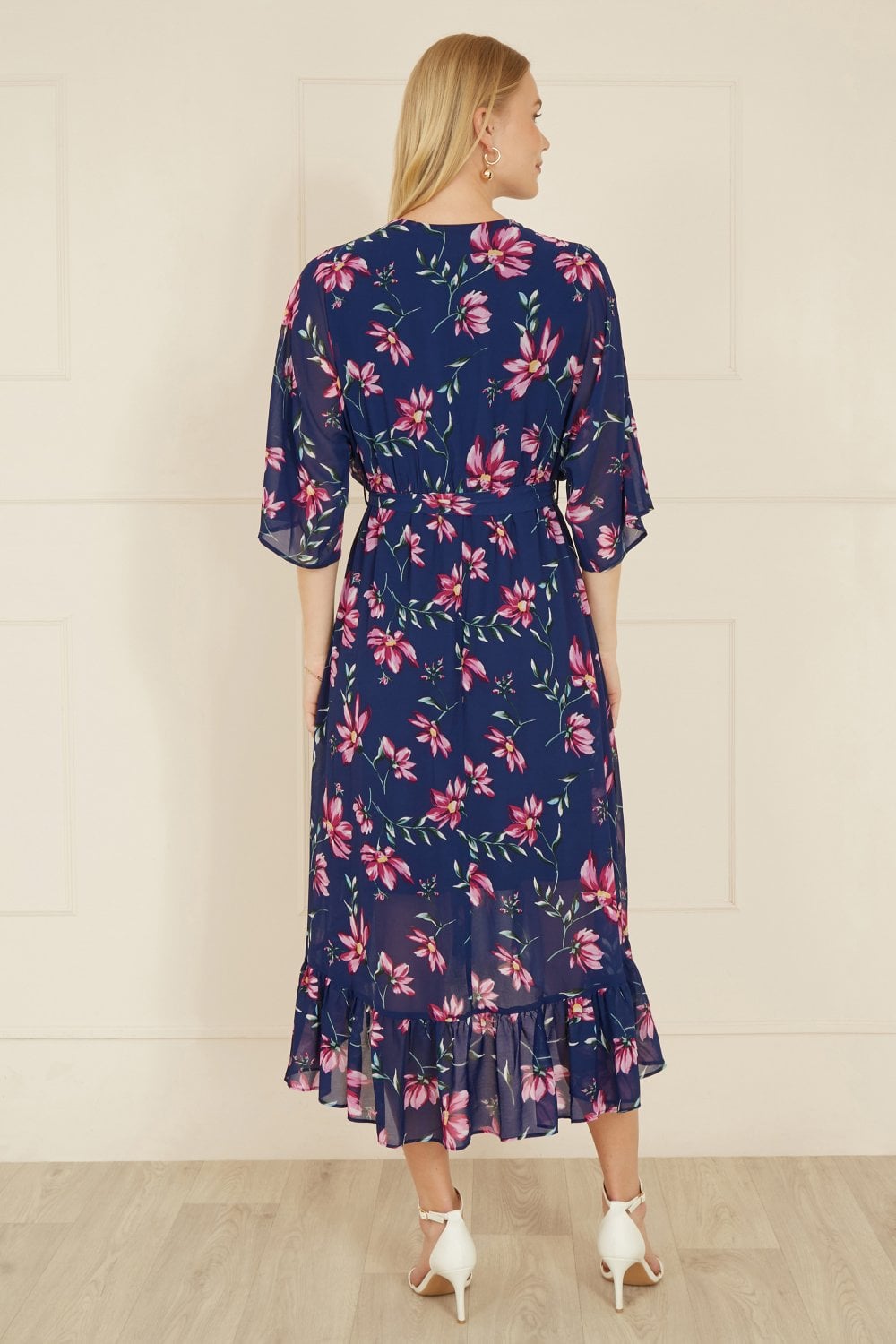 Yumi Navy Floral Kimono Dipped Hem Dress Yumi