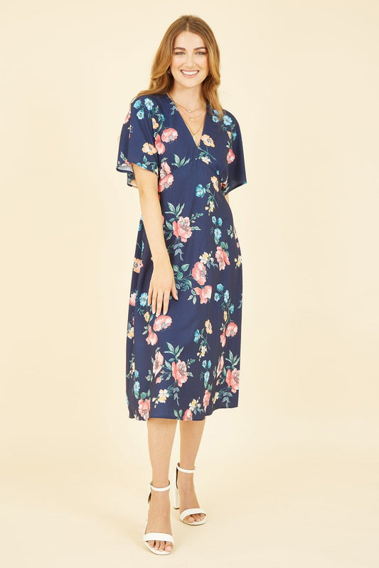 Yumi Navy Floral Kimono Midi Dress Yumi