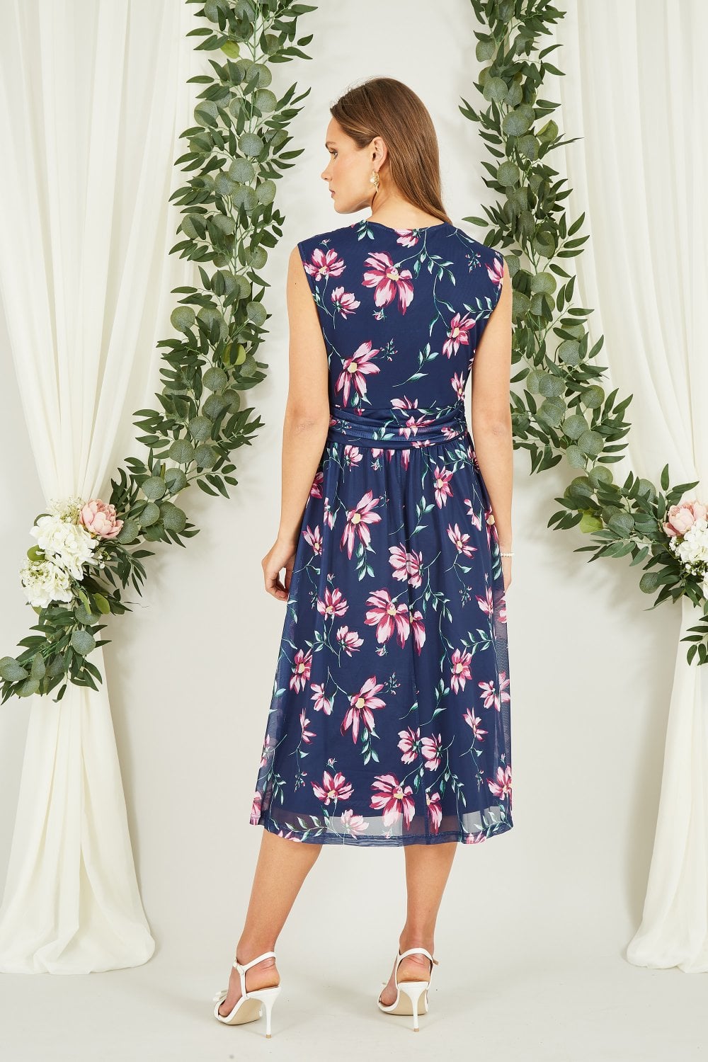 Yumi Navy Floral Print Mesh Stretch Midi Dress With Pockets Yumi