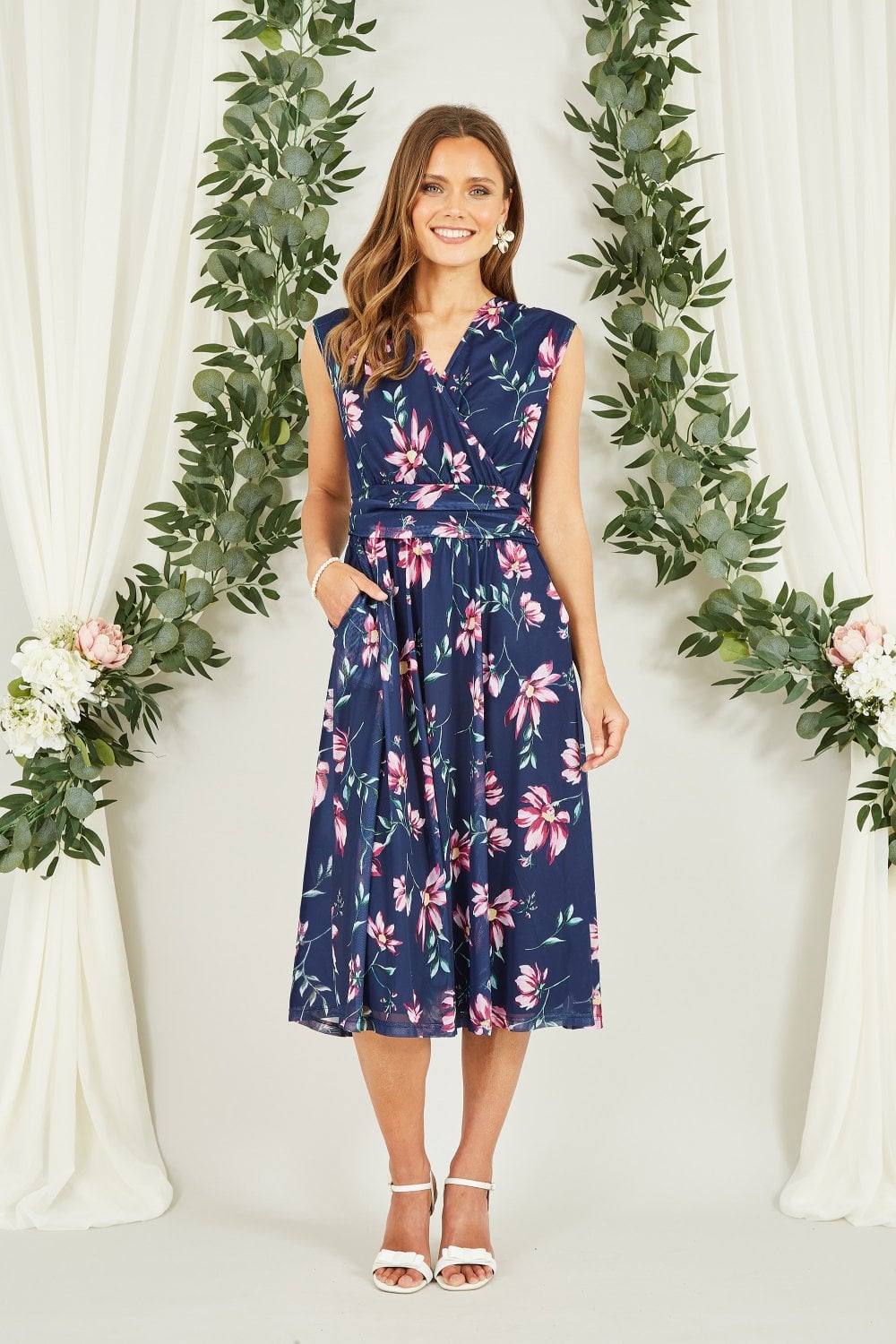 Yumi Navy Floral Print Mesh Stretch Midi Dress With Pockets Yumi