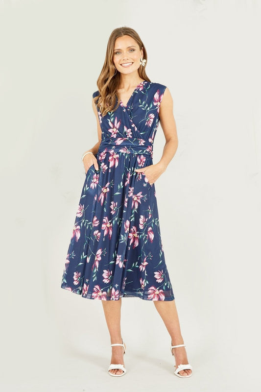 Yumi Navy Floral Print Mesh Stretch Midi Dress With Pockets Yumi