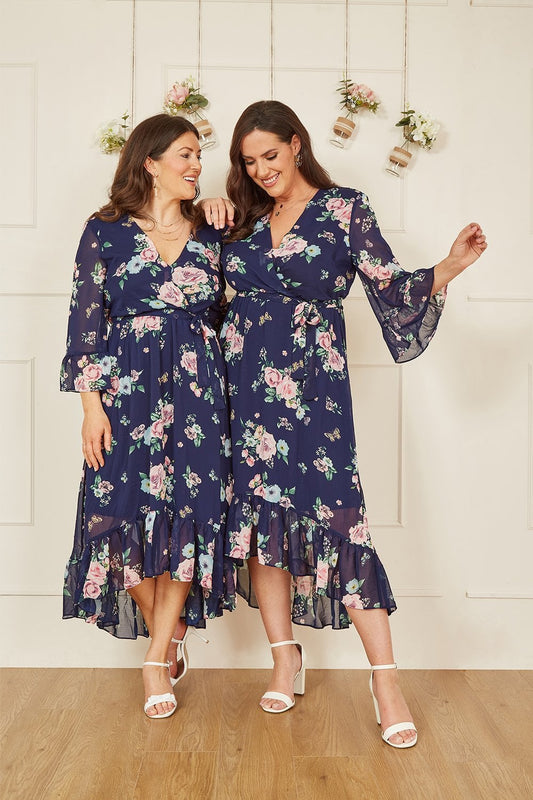 Yumi Navy Floral Wrap Dress With Dipped Hem Yumi