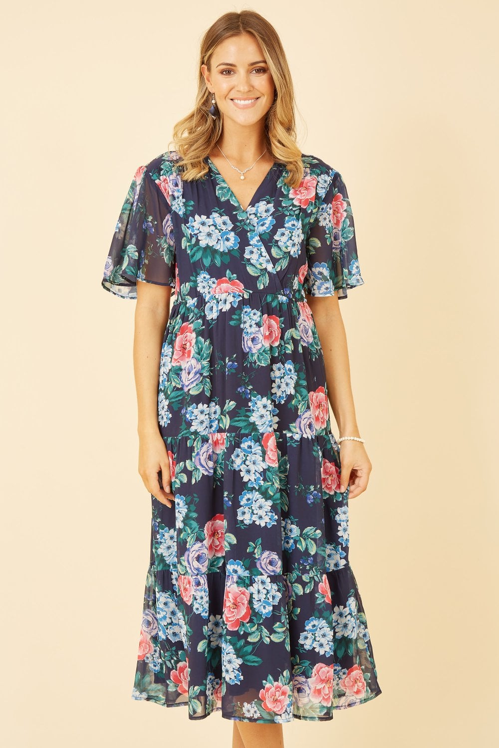 Yumi Navy Floral Wrap Midi Dress With Tiered Hem Yumi