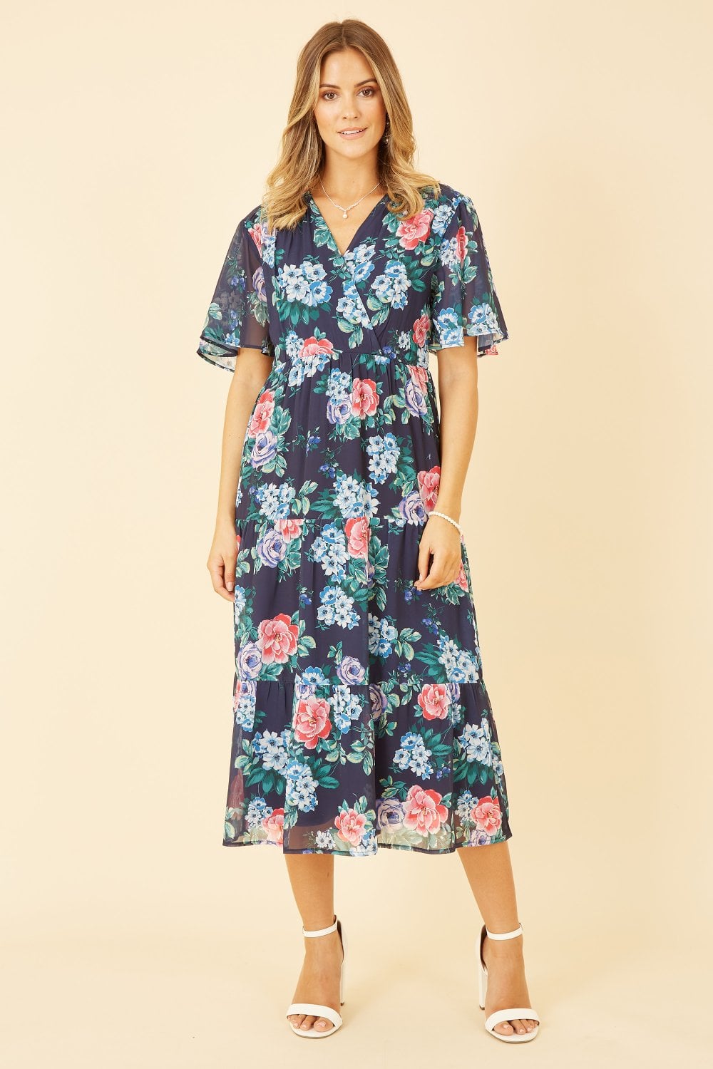 Yumi Navy Floral Wrap Midi Dress With Tiered Hem Yumi