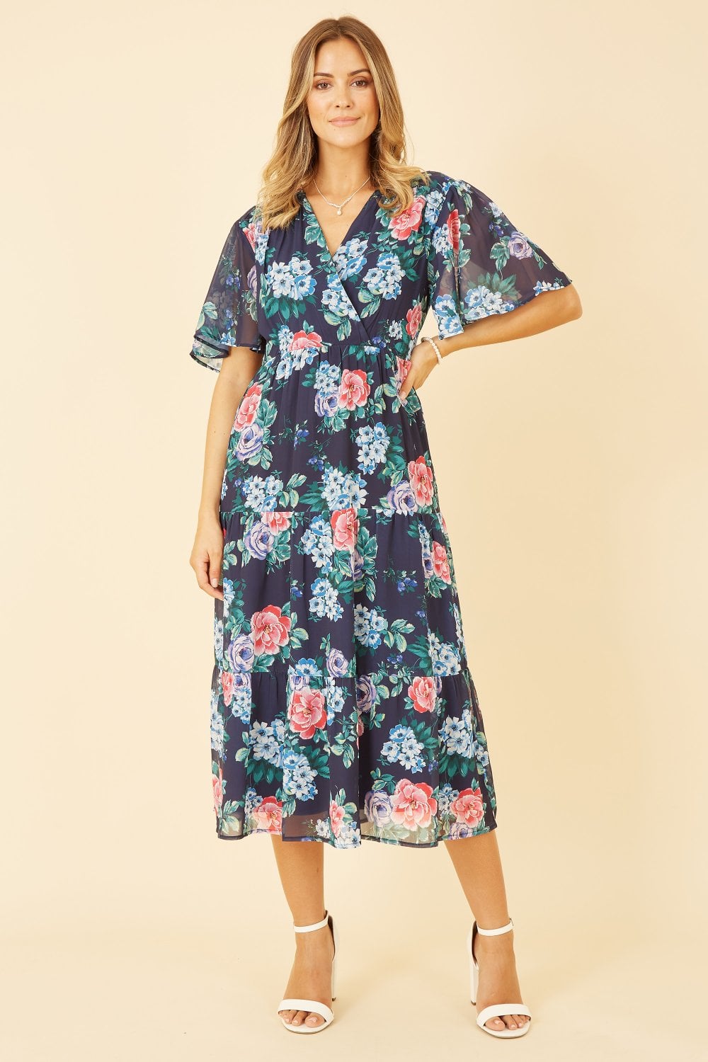 Yumi Navy Floral Wrap Midi Dress With Tiered Hem Yumi