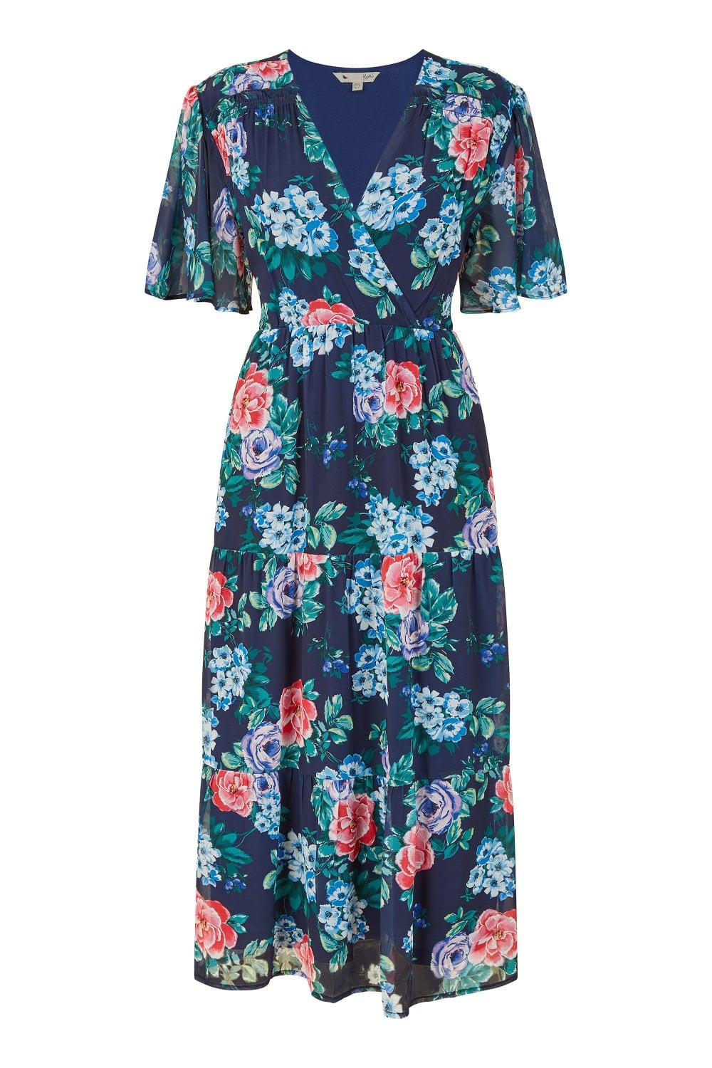 Yumi Navy Floral Wrap Midi Dress With Tiered Hem Yumi