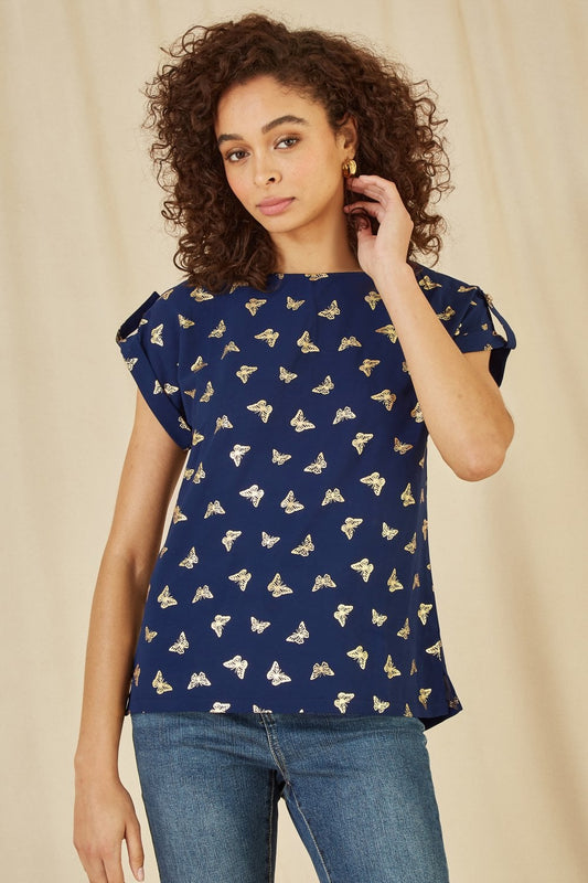 Yumi Navy Foil Butterfly Print Top Yumi