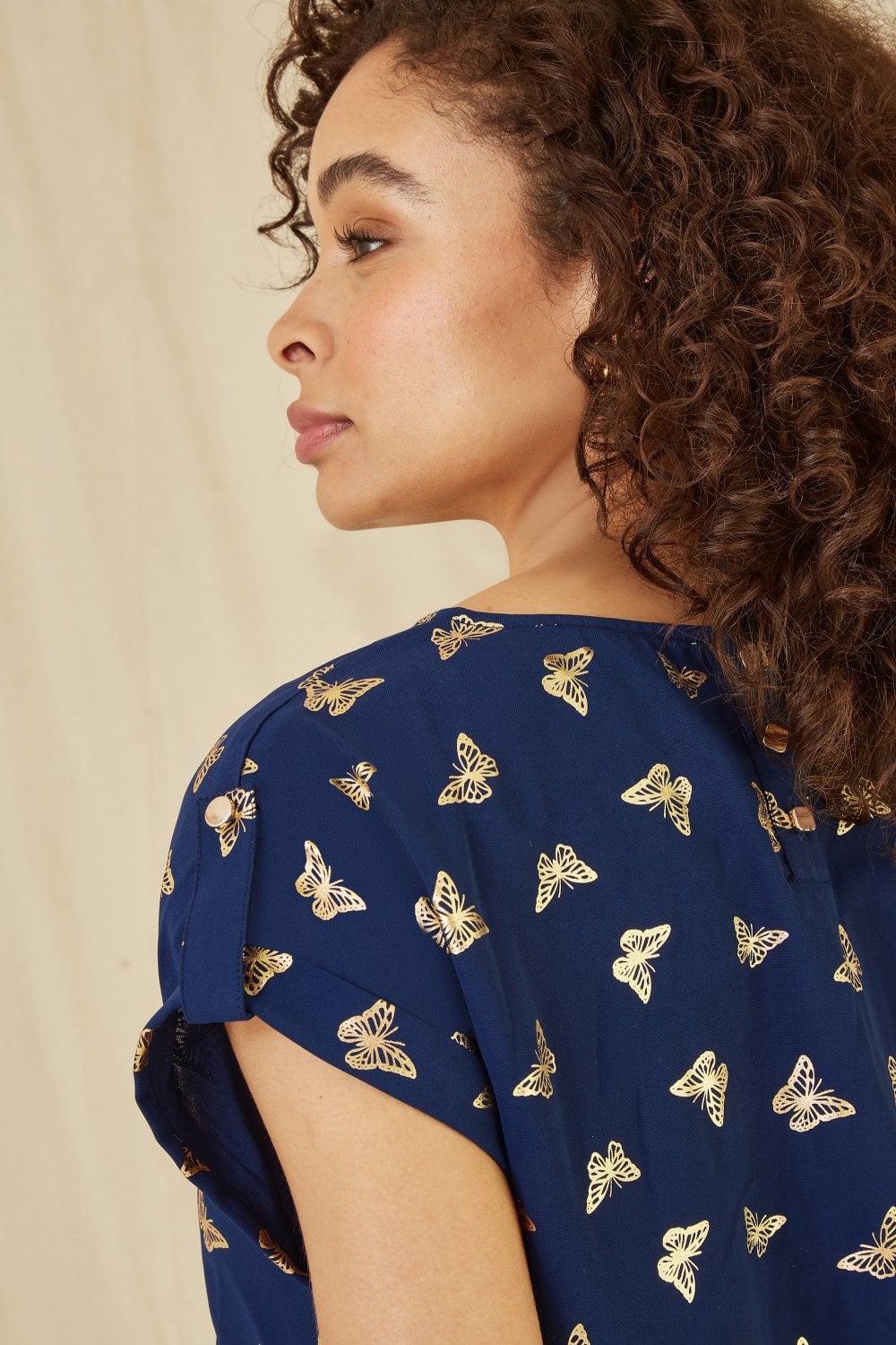 Yumi Navy Foil Butterfly Print Top Yumi