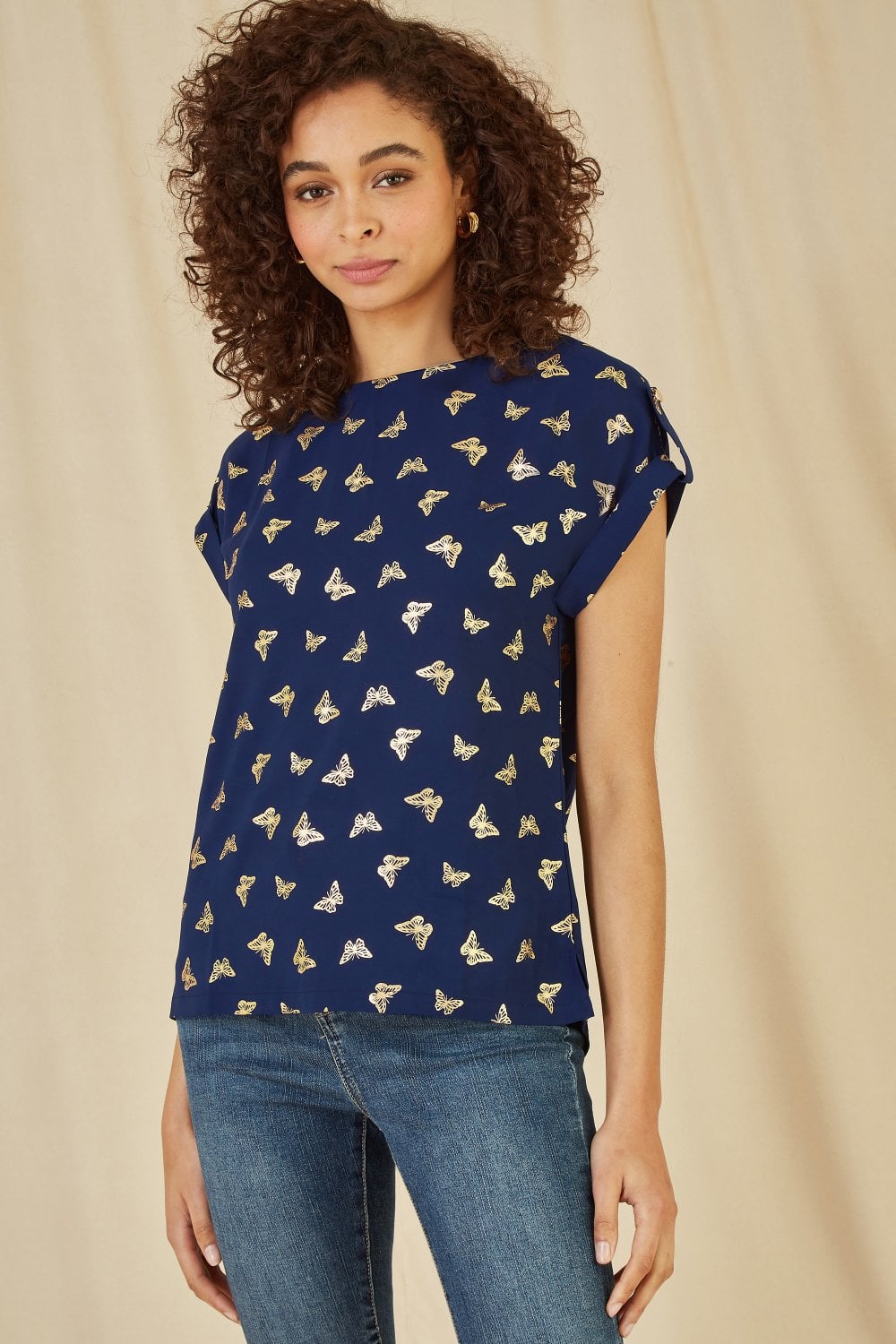 Yumi Navy Foil Butterfly Print Top Yumi